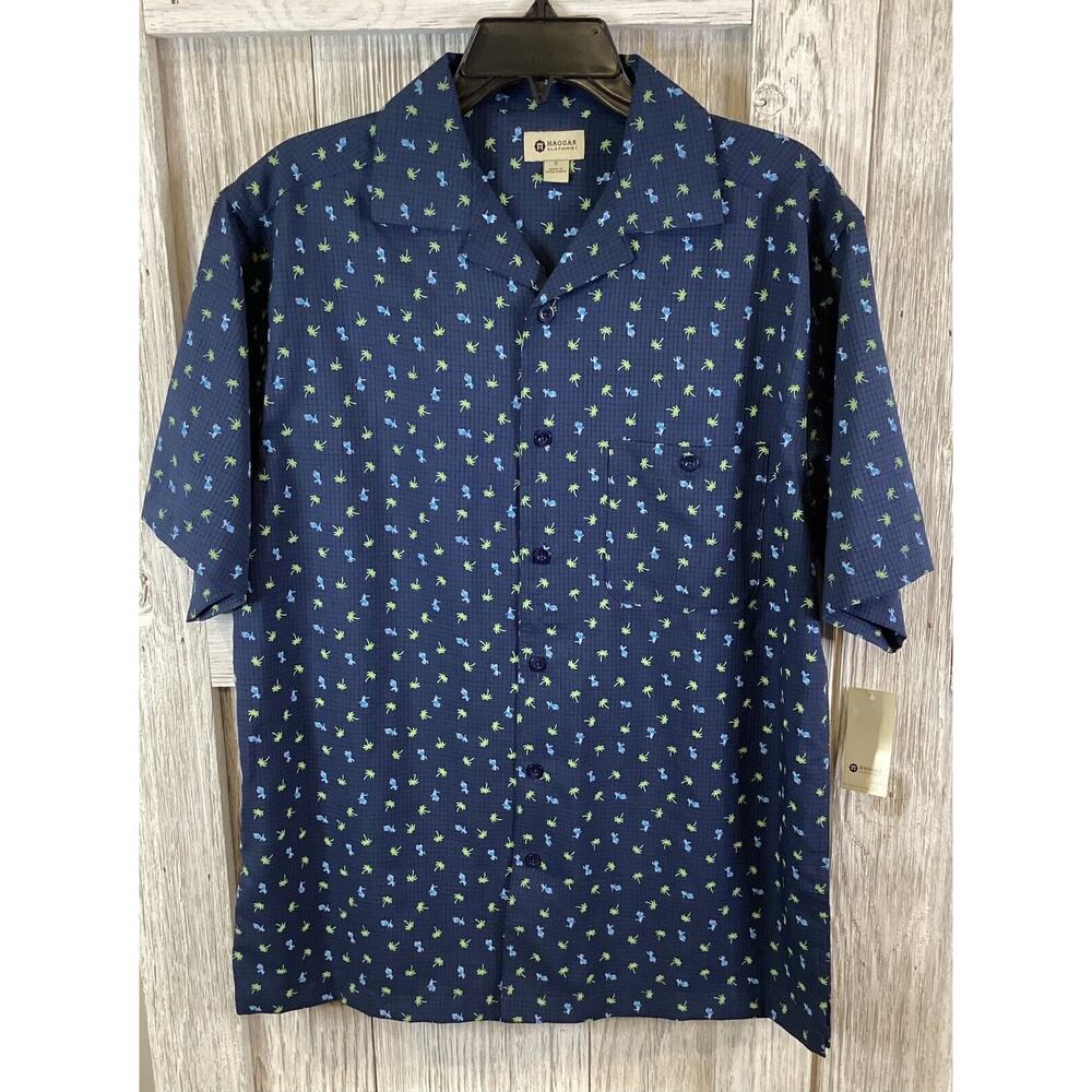 Haggar Clothing Button Up Shirt Men Size S Blue‎ Palm Tree Hula Dancer NWT